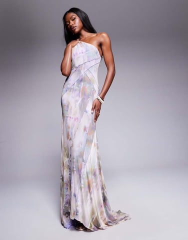 ASOS DESIGN mesh one shoulder exposed seams maxi dress with full hem in blurred lilac floral print