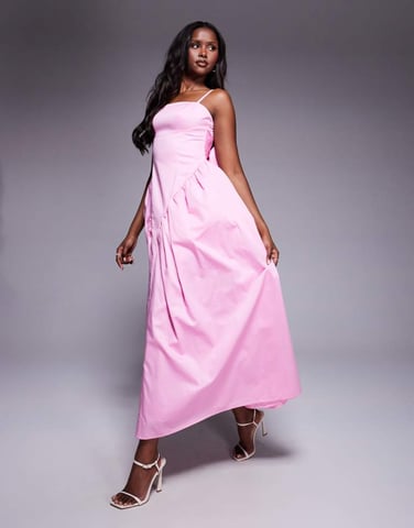 ASOS LUXE cotton sateen cinched waist bow back maxi dress in pink