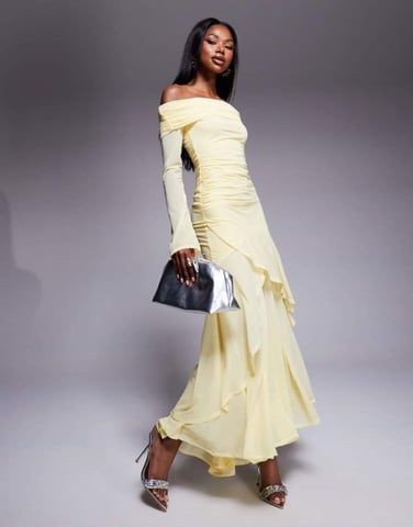 ASOS DESIGN stretch chiffon long sleeve bardot maxi dress with ruffle hem in pastel yellow