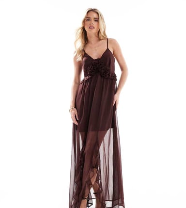 Miss Selfridge Petite boho corsage detail cami maxi in brown