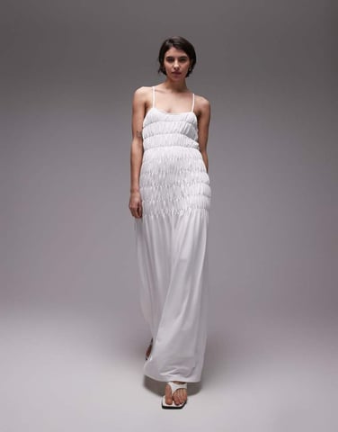SNDYS shirred drop hem cami maxi dress in white