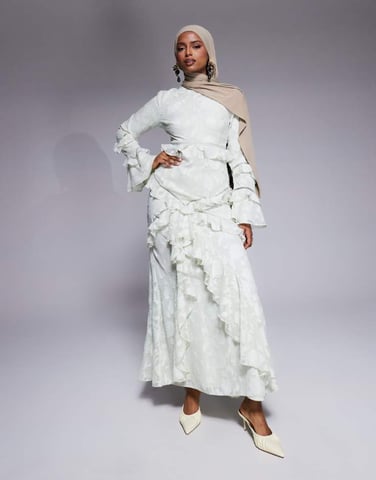ASOS DESIGN jacquard volang långärmad maxiklänning i salviagrön