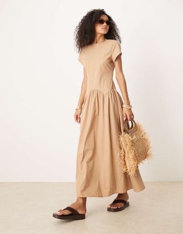 ASOS DESIGN dropped waist t shirt maxi dress in brown