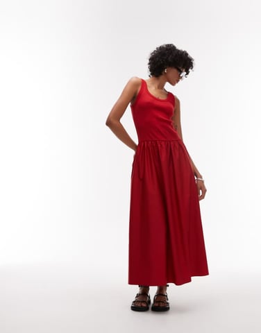 & Other Stories mixed jersey and woven maxi dress with volume hem in red