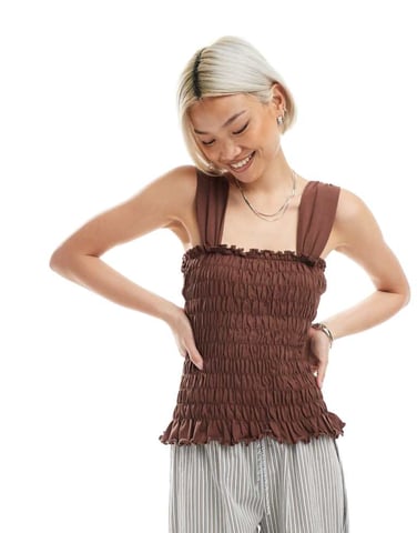 ASOS DESIGN wide strap shirred top in brown