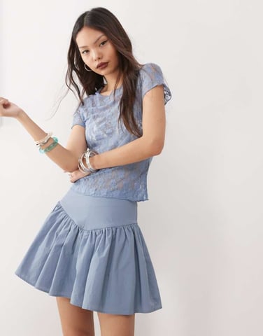 Amy Lynn sheer lace floral tee in dusty blue