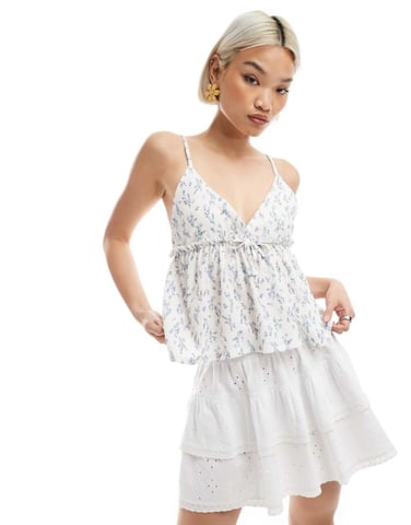 Miss Selfridge bow detail peplum cami top in ditsy floral