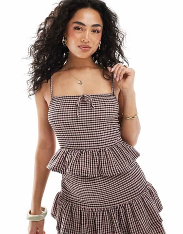 Miss Selfridge crinkle gingham frill top in dusty pink