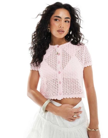 Miss Selfridge stickad pointelle kortärmad cardigan i rosa