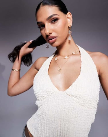 ASOS DESIGN textured halter neck top in ivory