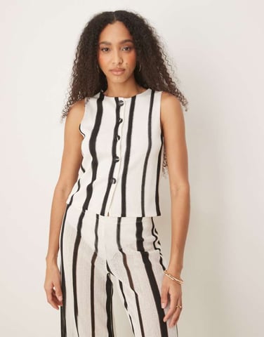 ASOS DESIGN co-ord textured crochet semi sheer waistcoat top in black and white stripe
