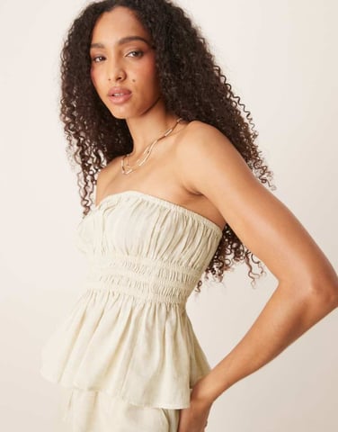 ASOS DESIGN Belle beach shirred bandeau with linen in plain