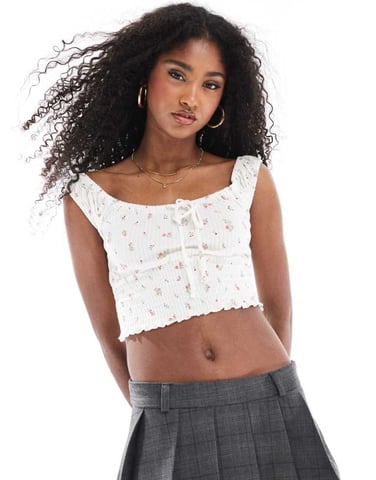 Cotton On shirred short sleeve top in ditsy vintage white