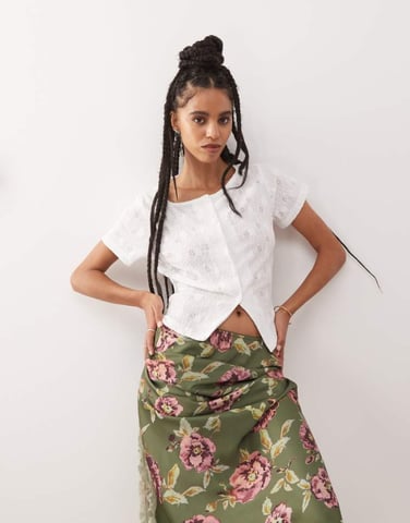 Reclaimed Vintage textured jersey split front short sleeve top in white