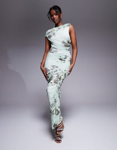 ASOS DESIGN mesh asymmetric neck off shoulder ruched maxi dress in green floral print