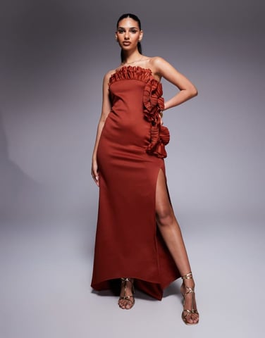 ASOS DESIGN bandeau maxi dress with plisse ruffle fan detail in rust in scuba-style fabric
