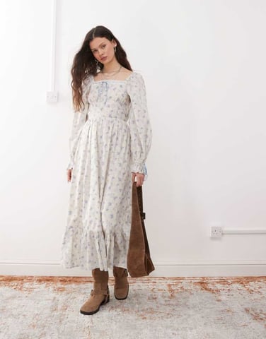 Miss Selfridge milkmaid maxi dress in blue floral print