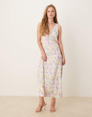 YAS satin v neck maxi dress in meadow floral print
