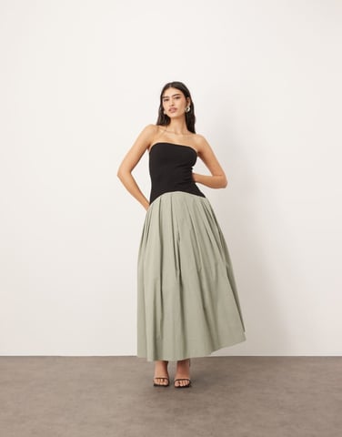 ARRANGE bandeau drop waist maxiklänning med kontrastdetaljer i svart och salvia