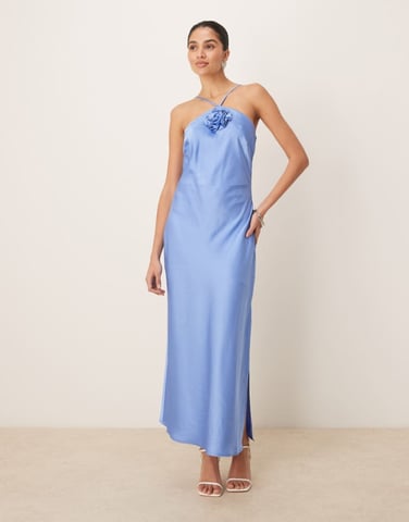 YAS halter neck satin maxi dress with corsage detail in provence blue