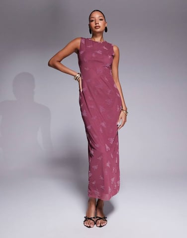 ASOS DESIGN maxi burn out floral grown on neck column dress in dusky pink