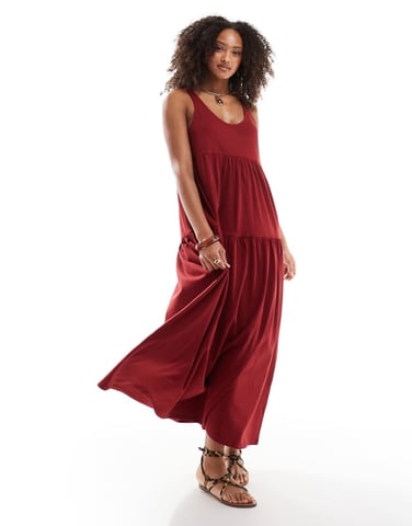ASOS DESIGN scoop tiered trapeze maxi dress in burgundy