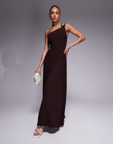 ASOS DESIGN textured one shoulder cut out waist with hardware detail maxi dress in chocolate