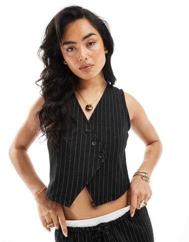 Pieces tailored asymmetric placket detail waistcoat co-ord in black pinstripe