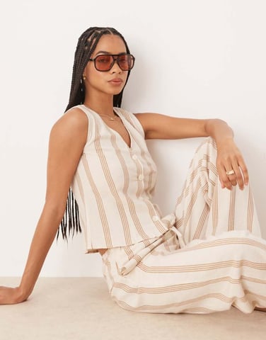 Vila mix and match linen touch waistcoat in cream & tan stripe