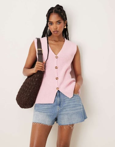 ASOS DESIGN slub knit relaxed fit waistcoat in pink