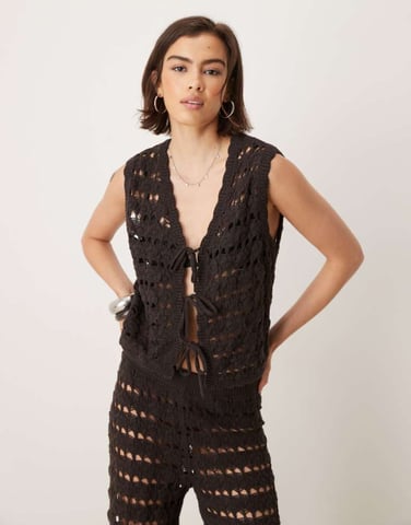 ASOS DESIGN open stitch crochet tie front knitted waistcoat in chocolate - BROWN