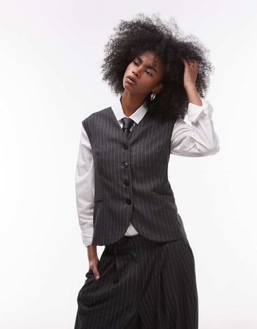 ASOS DESIGN tailored built up neck waistcoat in charcoal pinstripe