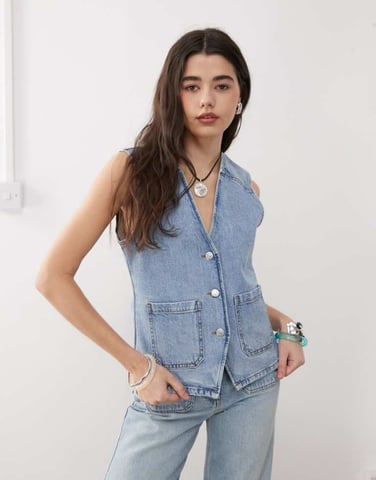 Reclaimed Vintage denim 70s waistcoat co-ord with patch pockets in blue wash