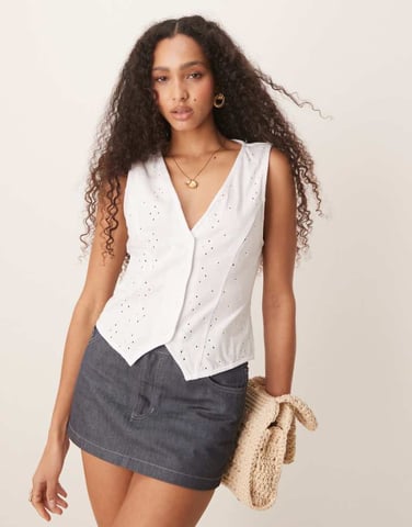 ASOS DESIGN broderie button down waistcoat in white