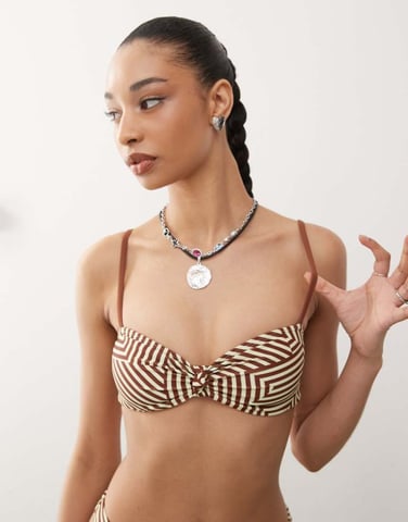 Reclaimed Vintage bralette bikini top with knot in spliced chocolate stripe