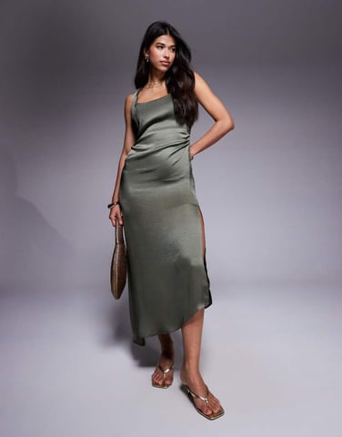 ASOS DESIGN twist strap satin gathered waist midi dress in olive