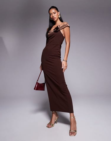 ASOS DESIGN contrast bandeau with corsage midaxi dress in chocolate in scuba-style fabric