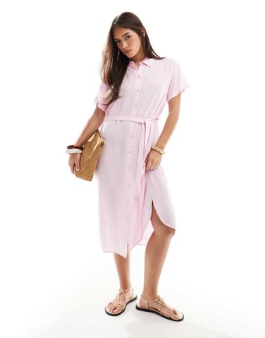 Vero Moda shirt midi dress with tie belt in pink