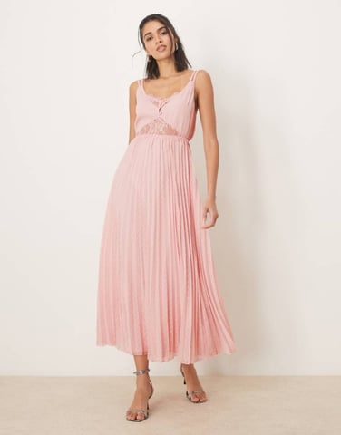 ASOS DESIGN double layer lace insert pleated midi dress in light pink