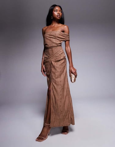 ASOS DESIGN textured distressed bardot midi dress with raw panels in chocolate