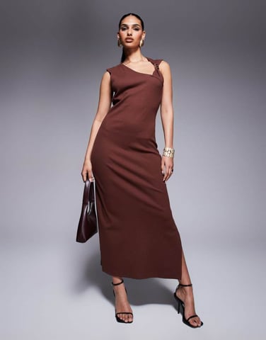 ASOS DESIGN rib knitted midi dress with hardware detail in chocolate