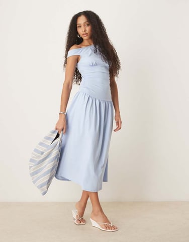 ASOS DESIGN slash neck fitted waist midi dress in baby blue