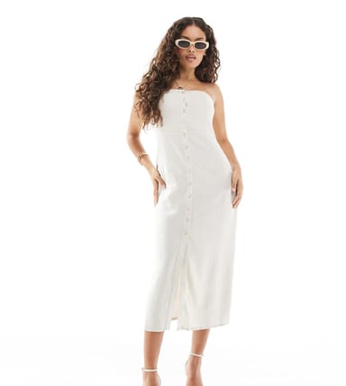 ONLY Petite linen mix bandeau midi dress in stone