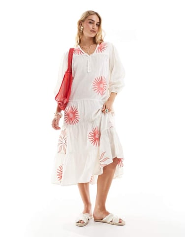 Accessorize puff sleeve midi beach dress in summer sun print