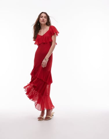 & Other Stories asymmetric midaxi dress with tiered ruffles in red