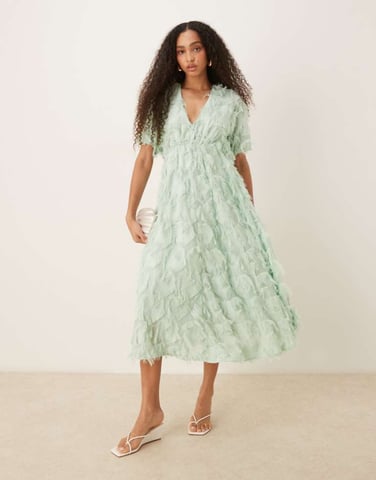 YAS textured v neck midi dress in mist green