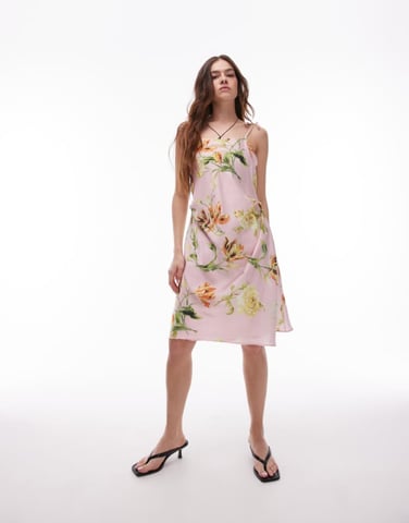 ASOS DESIGN satin tie front midi slip dress in floral print