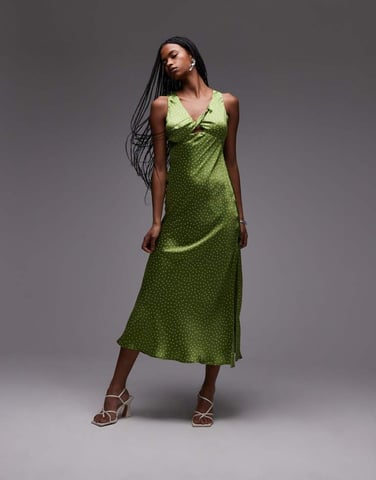 Topshop twist front midi dress in olive polka dot