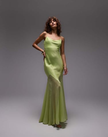 Topshop premium mixed fabric godet hem midi dress in lime