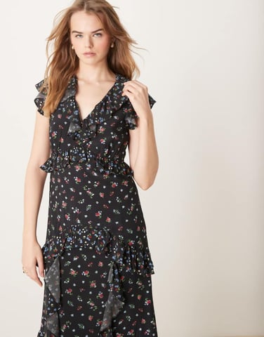 Nobody's Child Suvi ruffle midaxi dress in black ditsy